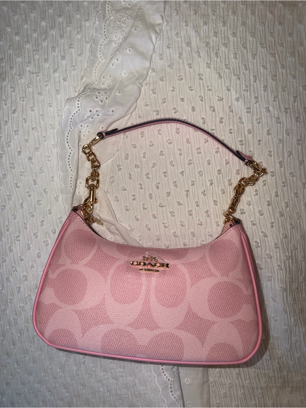Coach Pink Signature Mini Shoulder Bag with Gold Chain